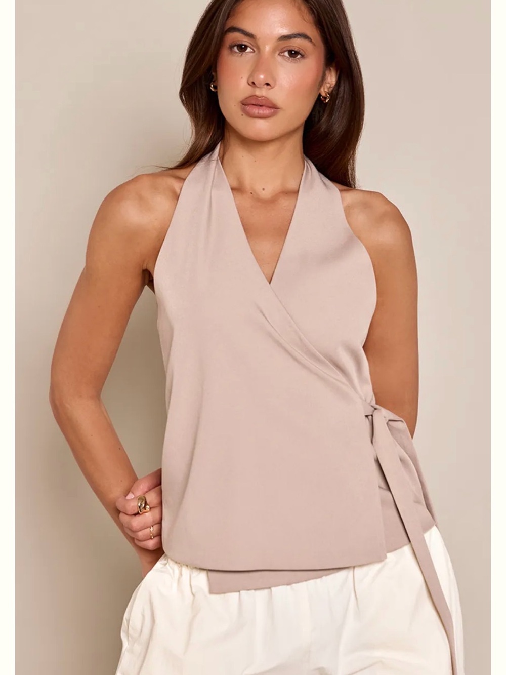 PrettyLittleThing Wrap Halter Top in Blush Nude